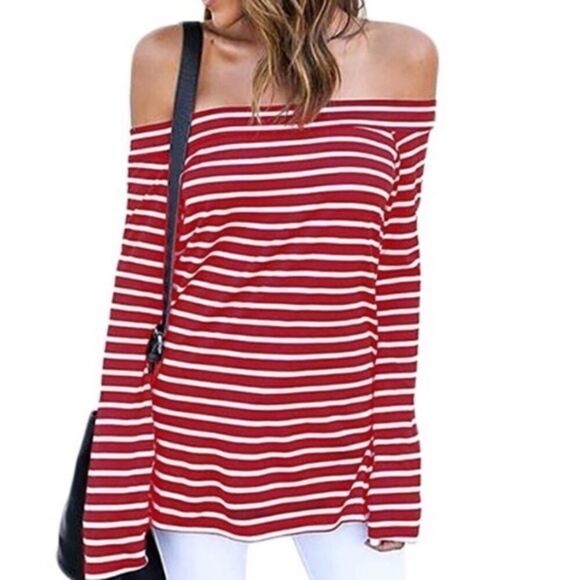 ZJCT brand Red and White Striped Boat Neck Shirt - Picture 3 of 12